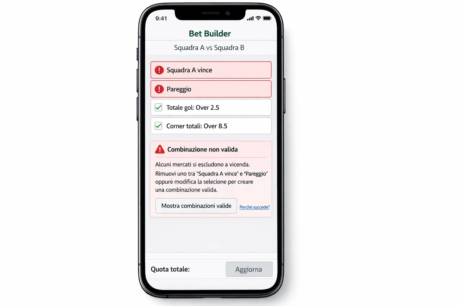 Schermata con selezioni incompatibili evidenziate in rosso