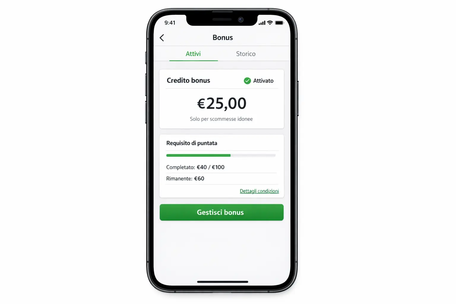 Interfaccia app con sezione bonus e credito gratuito disponibile