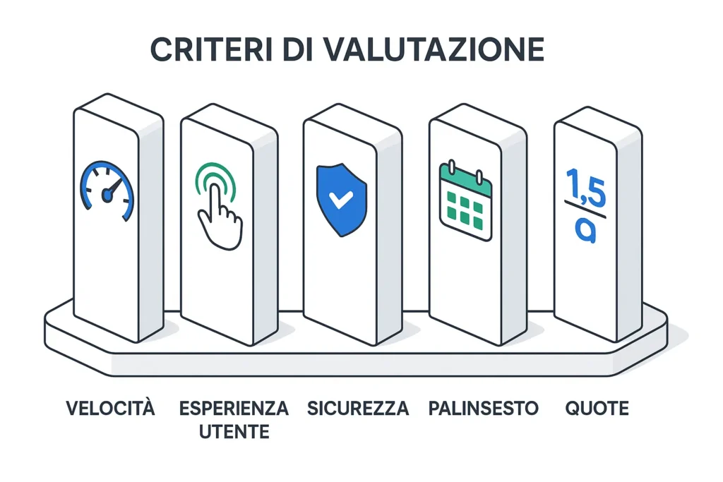 Infografica con i cinque criteri di valutazione delle app scommesse: velocità, user experience, sicurezza, palinsesto e quote