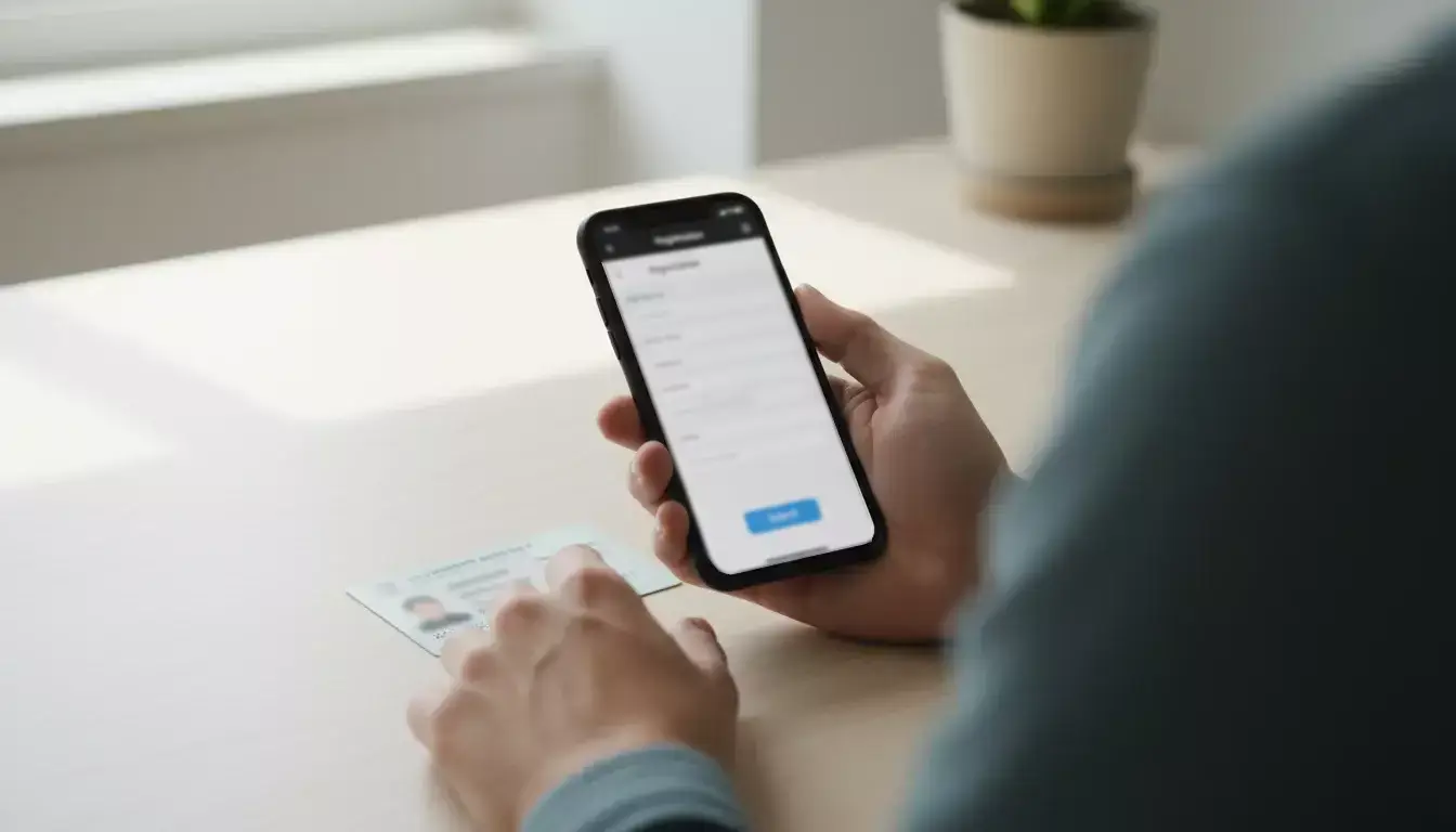 Persona che completa registrazione su smartphone con documento di identità