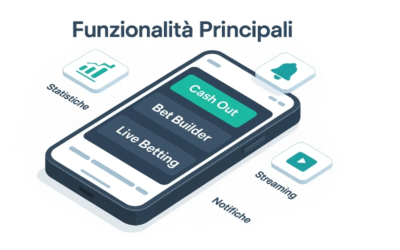 Interfaccia app con funzionalita cash out e bet builder per scommesse calcio
