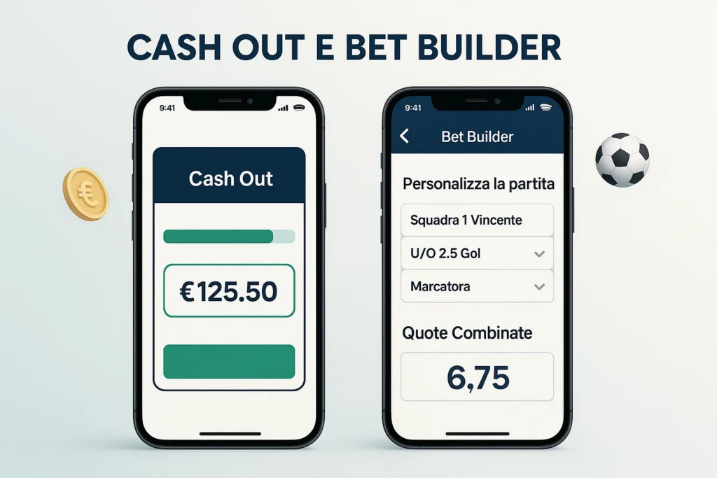 Due smartphone che mostrano le funzionalità Cash Out e Bet Builder delle app scommesse con interfaccia moderna