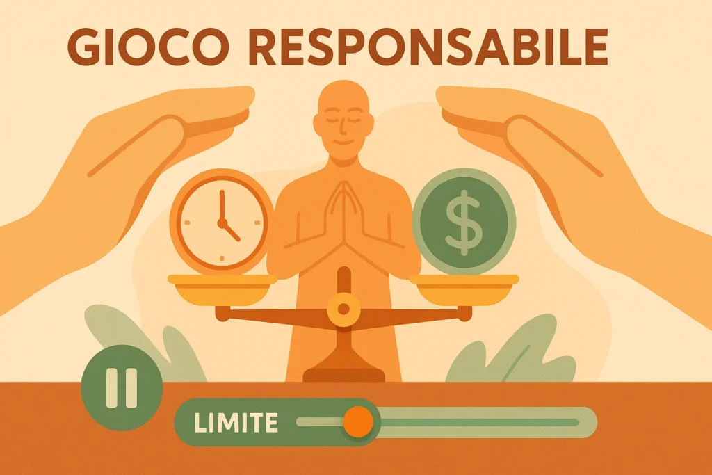 Illustrazione sul gioco responsabile con bilancia equilibrio, limiti di tempo e denaro, simboli di autocontrollo e benessere