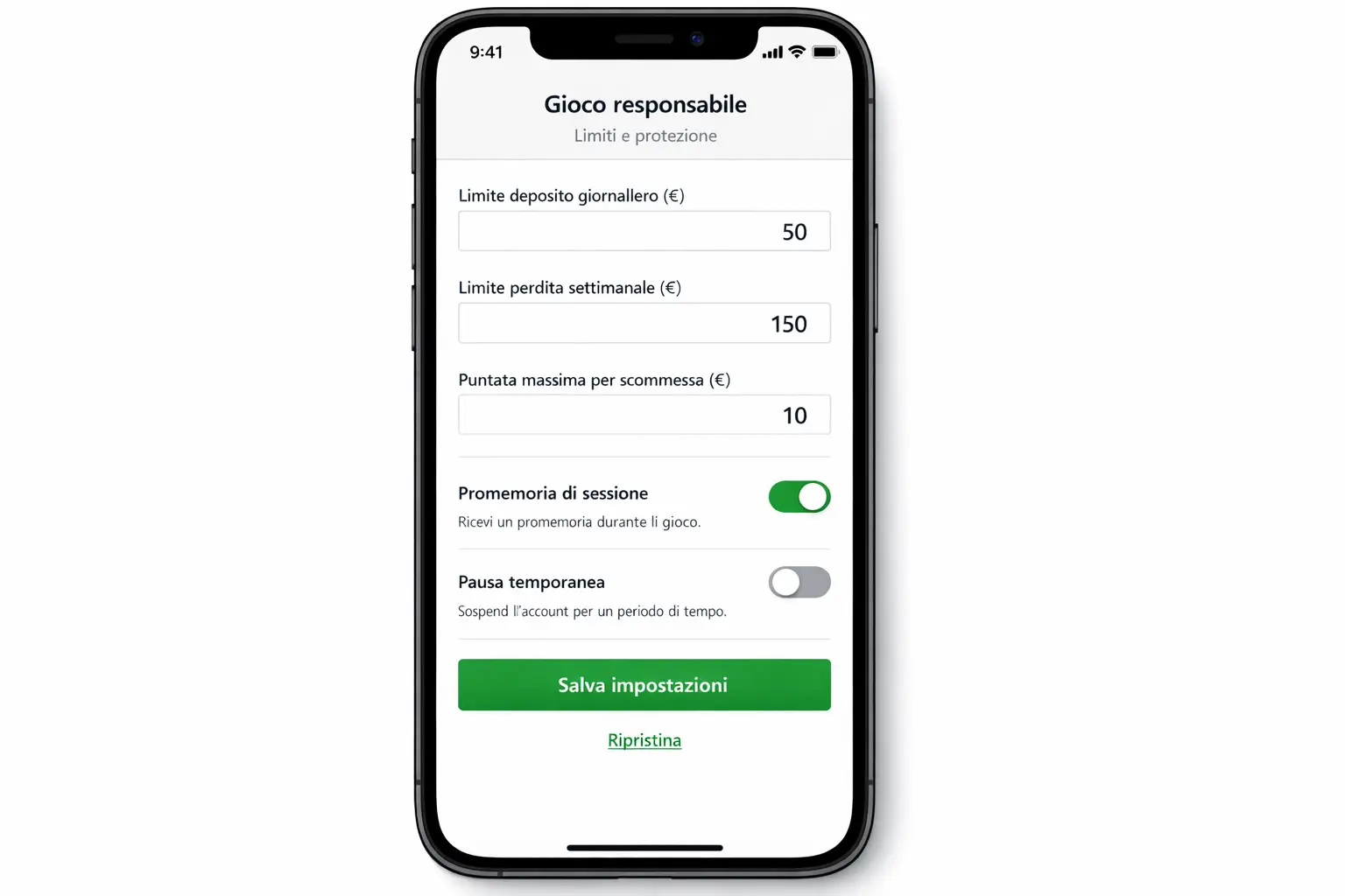 Schermata impostazione limiti deposito perdita e puntata