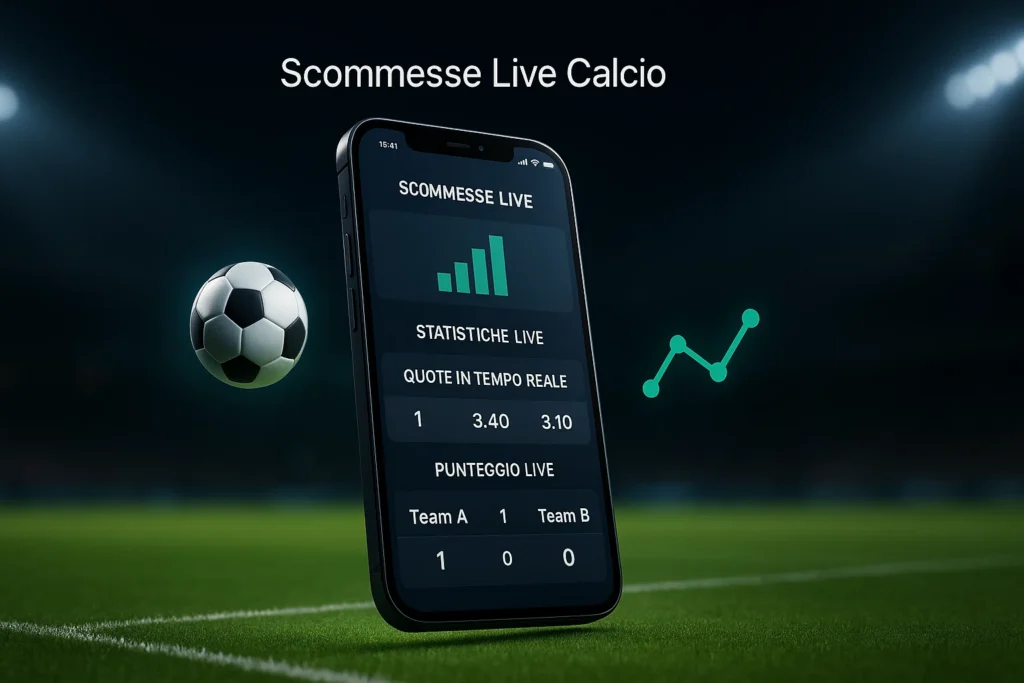 Smartphone con app scommesse calcio che mostra statistiche live e quote in tempo reale su sfondo stadio