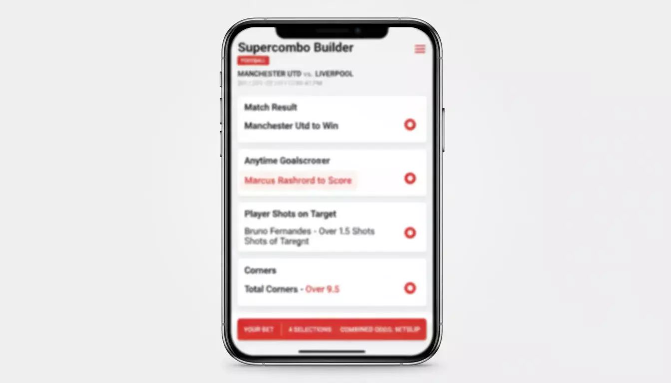 Interfaccia app con funzione Supercombo e mercati scommesse