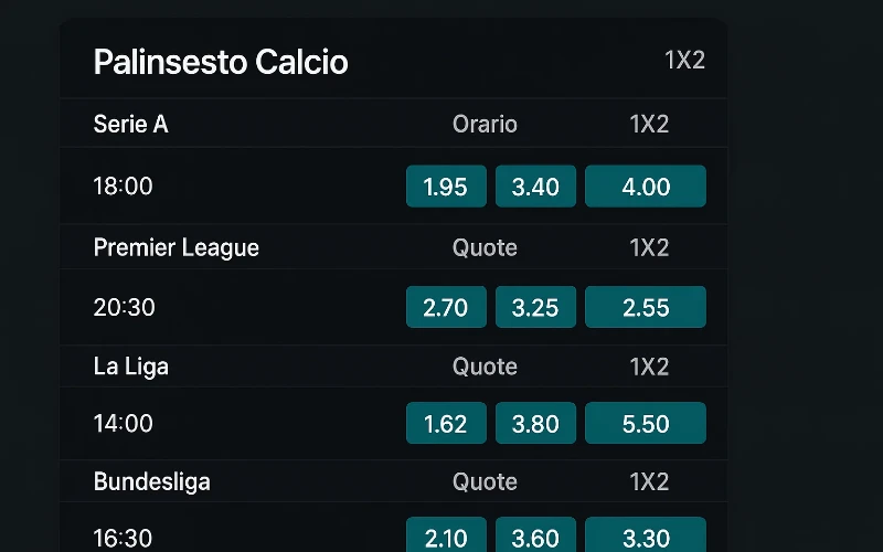 Palinsesto calcistico con vari campionati e mercati di scommesse disponibili