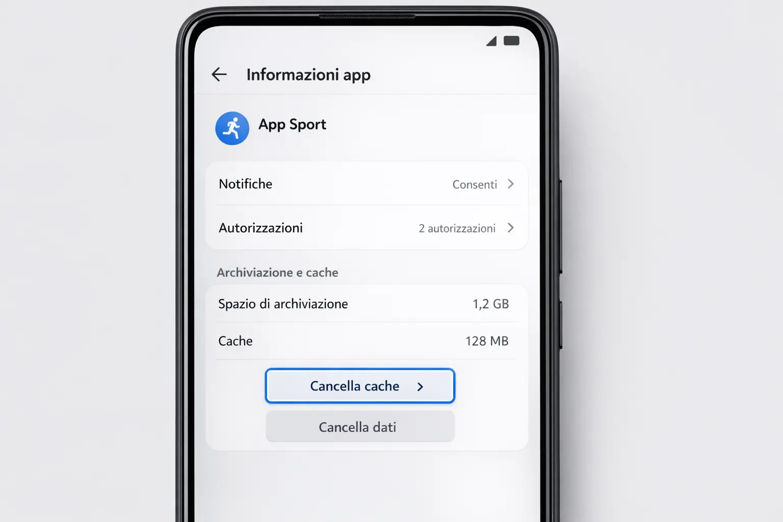 Schermata impostazioni smartphone con opzione svuota cache