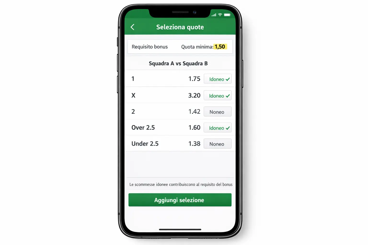 Schermata app con evidenziazione quota minima 1.50