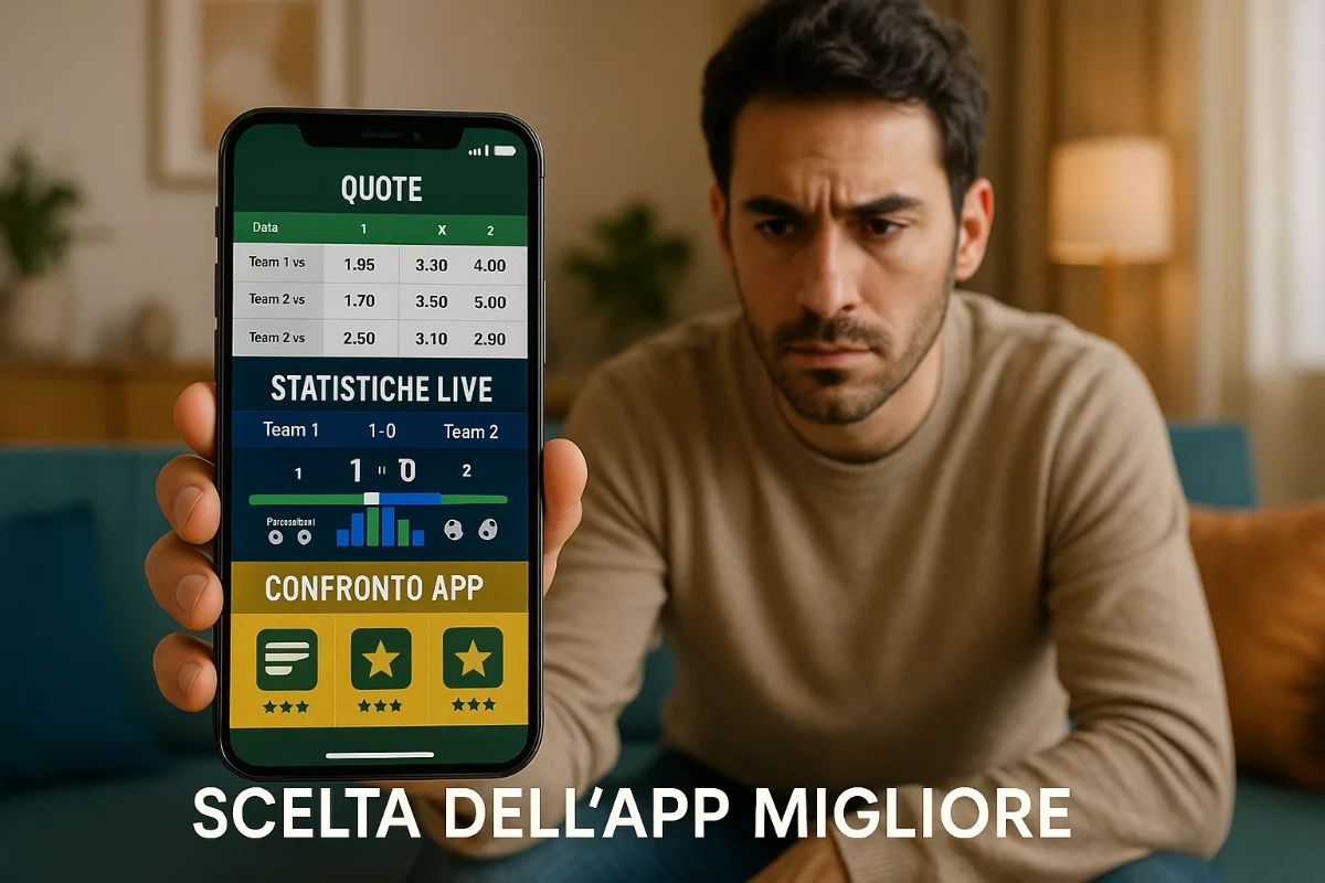 Scommettitore che analizza diverse app di scommesse calcio sullo smartphone