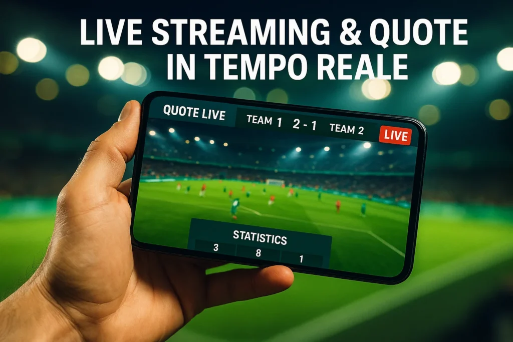 Smartphone tenuto in mano che mostra streaming live di una partita di calcio con quote scommesse in tempo reale