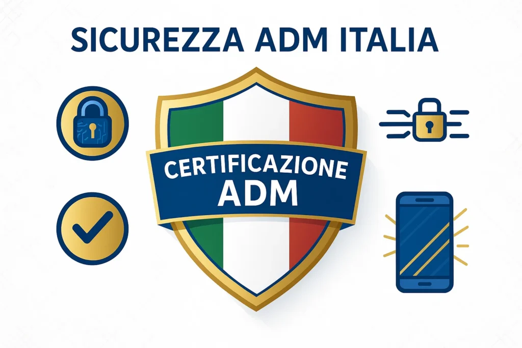 Scudo di sicurezza con certificazione ADM italiana, lucchetto digitale e simboli di protezione dati per scommesse online