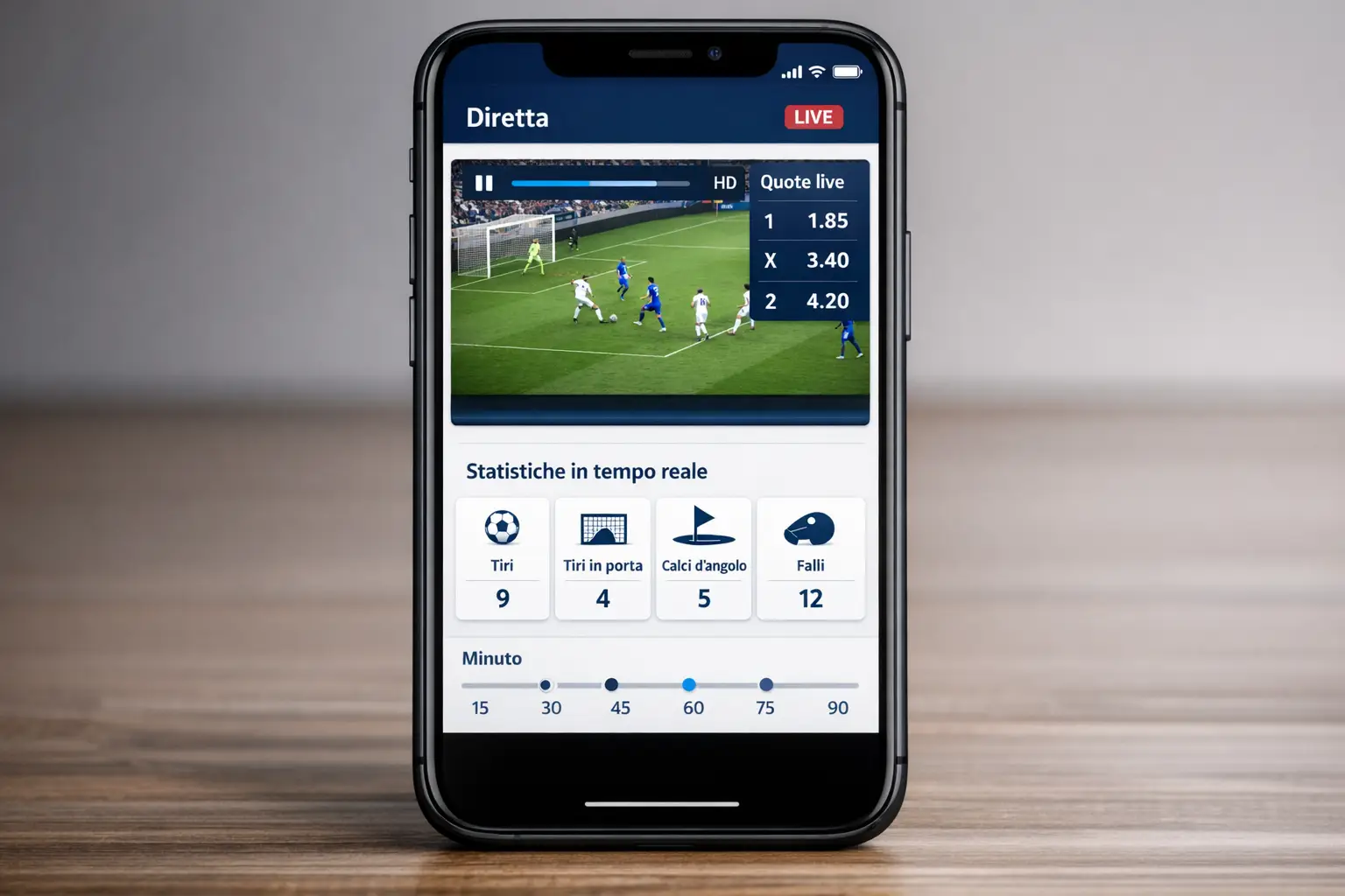 Schermata streaming partita con quote live integrate