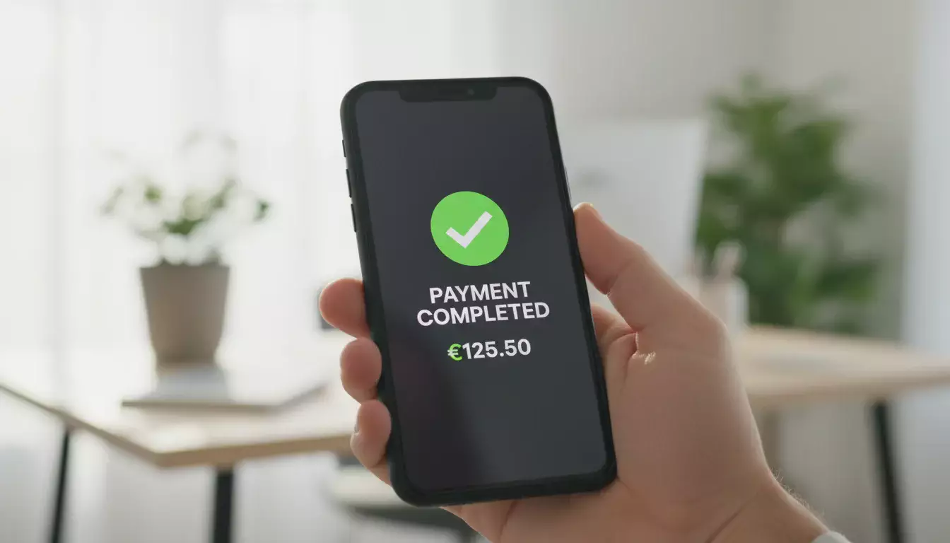 Mano che tiene smartphone con transazione completata e simbolo euro