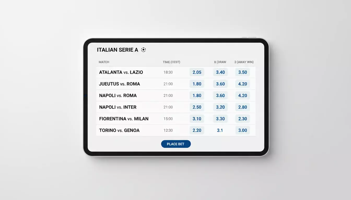 Schermata di palinsesto calcistico con quote e mercati