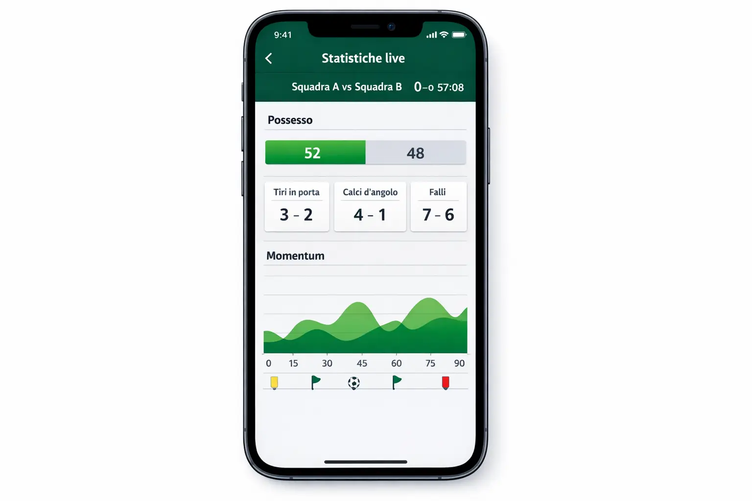 Schermata app con statistiche live e grafici andamento partita