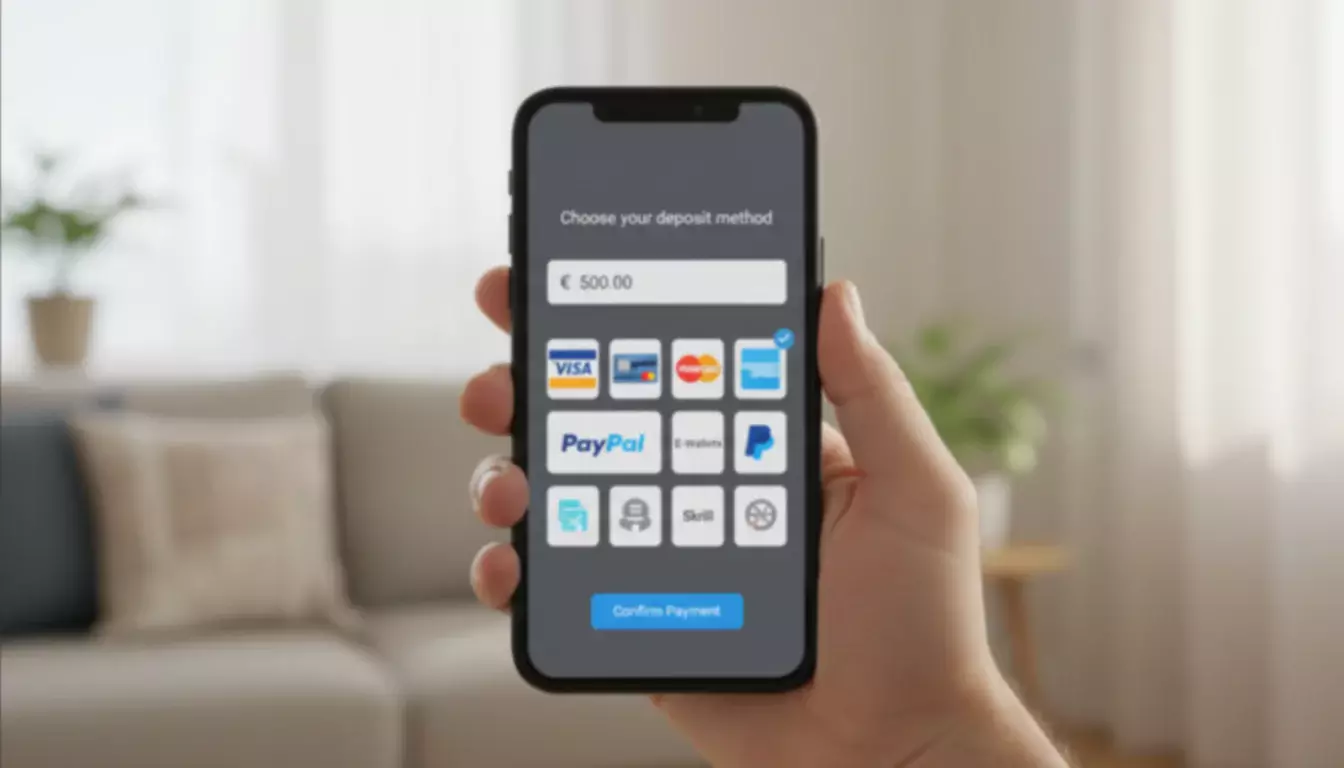 Smartphone con schermata deposito e icone metodi di pagamento